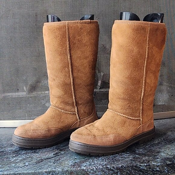 UGG Shoes - UGG Brown Suede Leather Ultra Tall Braided Back Boots Size 8
